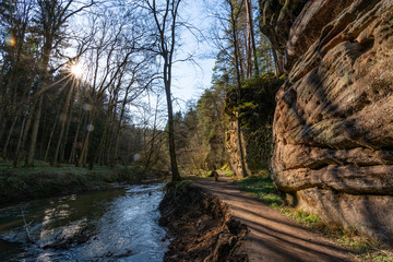 Path next to a river in the ravine Schwarzachklamm on sunny day