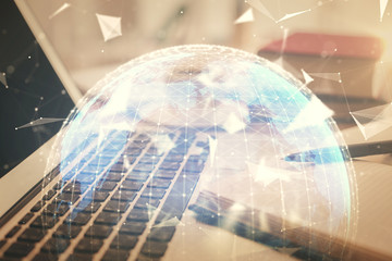 Fototapeta premium Double exposure of business theme drawing and desktop with coffee and items on table background. Concept of market trading