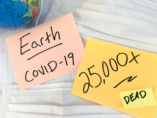 Coronavirus COVID-19 infection medical cases and deaths on Earth. China COVID respiratory disease influenza virus statistics hand written on surgical mask and earth globe background.