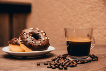americano and chocolate donuts