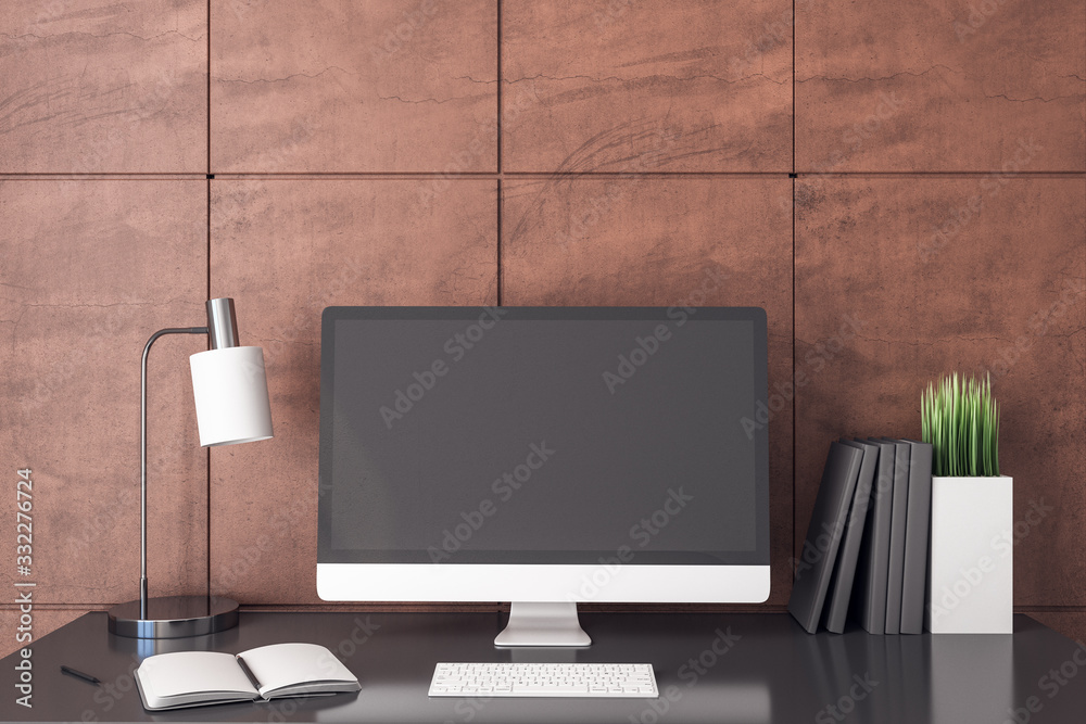 Poster contemporary designer workplace with blank computer screen