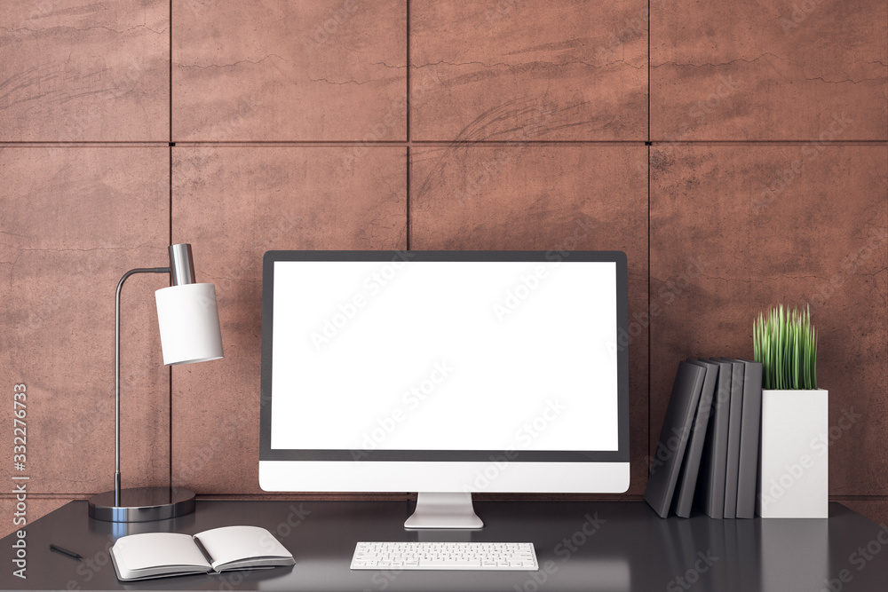 Poster modern designer workplace with blank computer screen