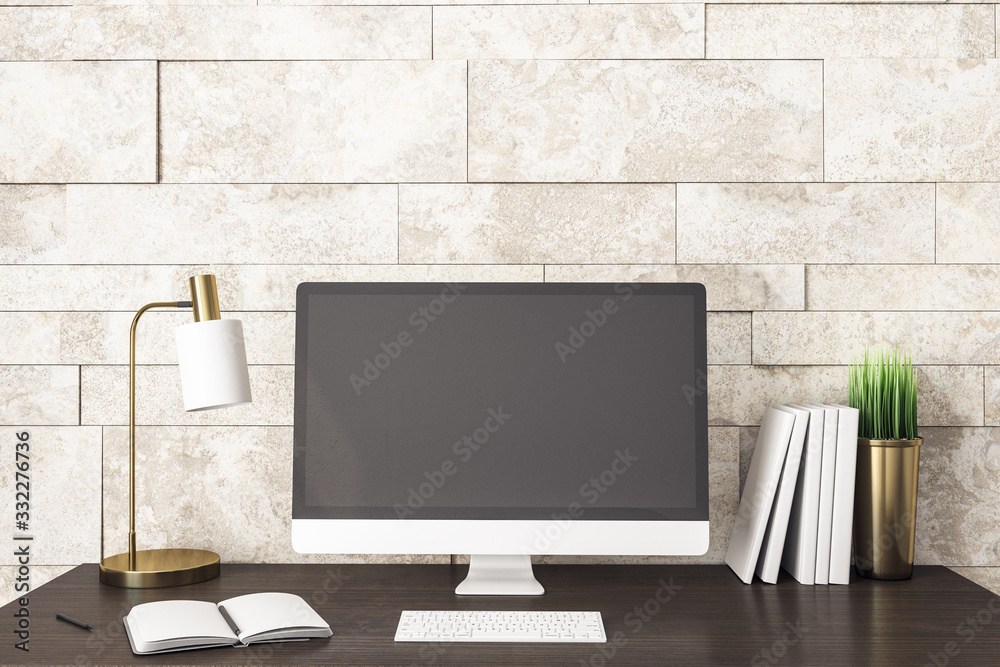 Poster Computer on modern designer workplace with blank screen.