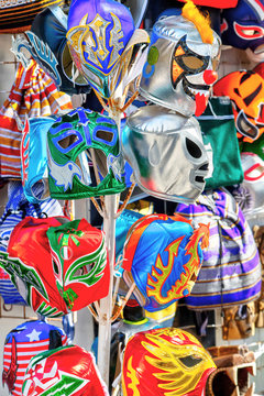 Hanging colorful Mexican Lucha Libre wrestling masks