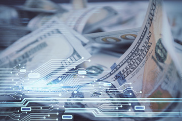 Double exposure of data theme drawing over us dollars bill background. Technology concept.