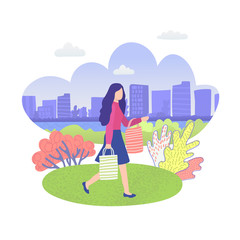 City park character girl walking with shopping bags isolated on white flat vector illustration. Woman outdoors in summer urban park over cityscape.