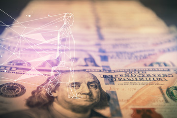Double exposure of startup drawing over usa dollars bill background. Young business concept.