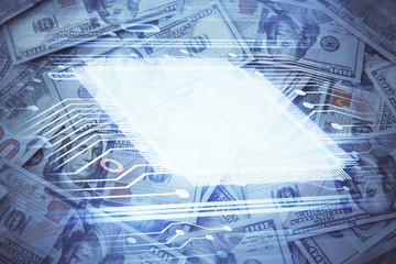 Fototapeta premium Double exposure of data theme drawing over us dollars bill background. Technology concept.