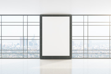 Minimalistic interior with empty white banner on wall