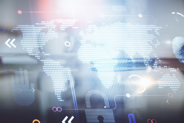 Double exposure of world map drawing over coffee cup background in office.