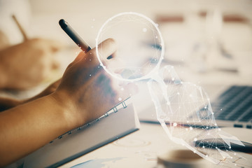 Double exposure of creative drawing over people taking notes background. Concept of startup