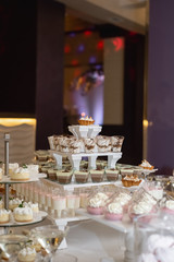 Close up of sweet table for wedding ceremony or birthday . Candy bar with a lot of different candies and sweet cakes. Selective focus. Party and holiday celebration concept