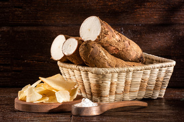 Manihot esculenta - Fried cassava slices. Text space