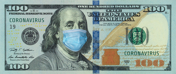 Medical mask on a banknote of 100 dollars, concept of the global financial crisis. Medical mask or...