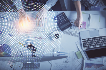 Double exposure of man and woman working together and human brain hologram drawing. Brainstorm concept. Computer background. Top View.