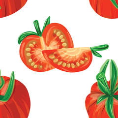 Seamless pattern with tomatos on white background. Vector illustration in realistic style.