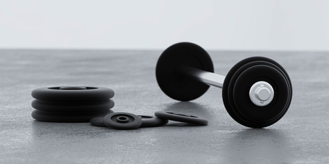 Obraz na płótnie Canvas long metal dumbbells and black weights on gym floor and white background 3d illustration render