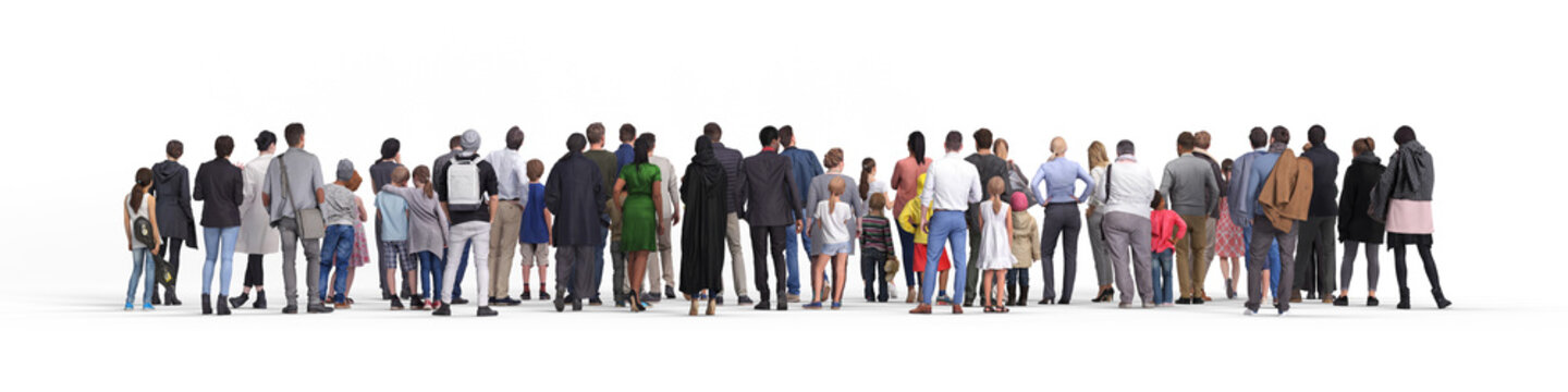Crowd or queue rear view. Illustration on white background, 3d rendering isolated.