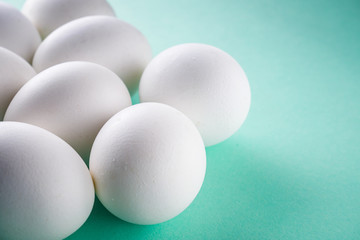 white chicken eggs on green pastel background