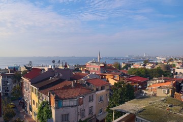 Fototapeta na wymiar Elevated view of Istambul and the waters of the sea of Marmara, heading south.