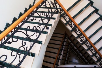 Triangle spiral shapes on the stairwell of a building. Architectural detail, abstract shapes.