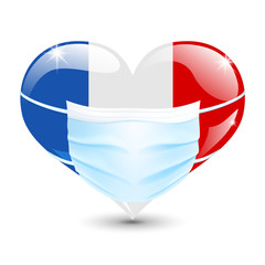 Heart in the France flag colors with a medical mask for protection from coronavirus
