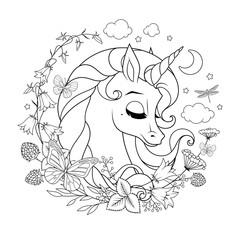 Cute magic unicorn surrounded with flowers and butterflies. Coloring page vector illustration.