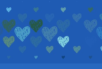 Light Blue, Green vector pattern with colorful hearts.