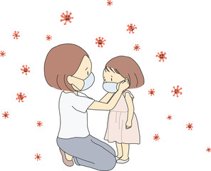 Vector illustration of family, mother and child wearing face mask during corona virus (covid-19) outbreak. Virus protection concept. Cartoon character drawing.