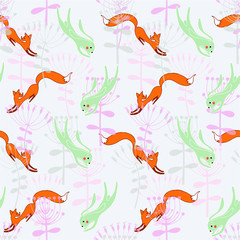 Foxes are catching up hare seamless pattern light blue. Cartoons cute animal, pink flowers background design element stock vector illustration for web, for print, for fabric print, for cover