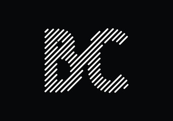 Bold B C monogram with diagonal white stripes on black background