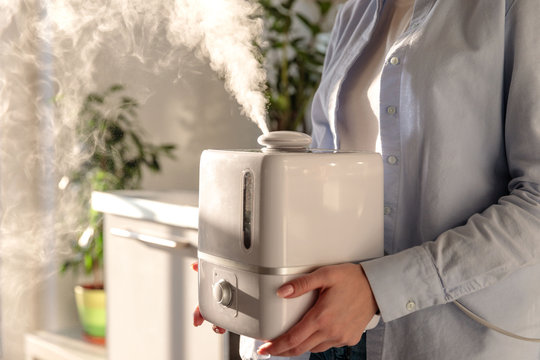 Woman Holding In Her Hands Working Aroma Oil Humidifier In Sunny Room. Increase In Air Humidity Indoors, Comfortable Living Conditions In The Heating Season In Winter In Apartments. 