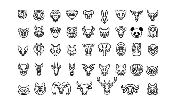 Animal icons set, vector line art, set of 43 animal head, animal illustration,  zoo and farms animal icons,  nature icons set