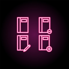 Notebook, write, plus, minus sign neon icon. Simple thin line, outline vector of web icons for ui and ux, website or mobile application