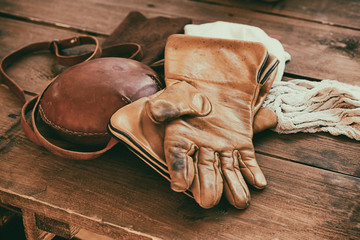 leather beige gloves horse riding traditional protection round flask brown