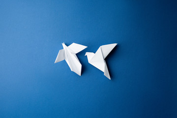 Paper pigeon on a blue isolated background.