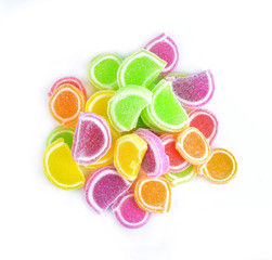 Jelly sweet, flavor fruit, candy dessert colorful on sugar on white background