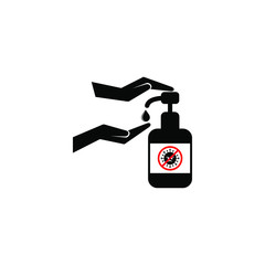 Coronavirus prevention. Hand sanitizer bottle icon, washing gel for hand hygiene corona virus protection. Vector illustration. EPS10