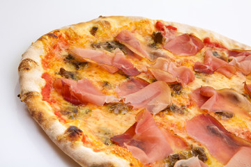 Flatlay of Italian pizza on white background. Rustic homemade pizzas with salami, bacon,  cheese, eggs and raw vegetables on shabby wooden background. Healthy vegetarian fungi pizza
