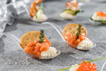 Delicious appetizers with red salmon fish, cheese mousse and salt cracker in glass spoon on grey banquet table. Gourmet food close up, snack, antipasti, close up