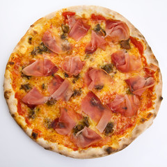 Flatlay of Italian pizza on white background. Rustic homemade pizzas with salami, bacon,  cheese, eggs and raw vegetables on shabby wooden background. Healthy vegetarian fungi pizza