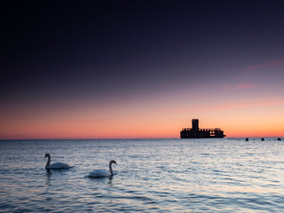 Obraz premium German's Torpedo Station, ruins from World War 2 at the sunrise. Gdynia, Poland
