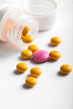 Assorted pharmaceutical medicine pills, tablets and capsules.Pills background.