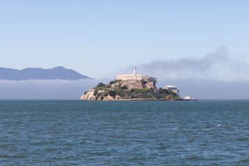 San Francisco, USA - March 2020 - View of Alcatraz Island in San Francisco, California, on a foggy...