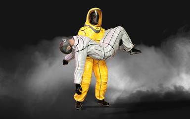 3d Illustration man, in virus protective biohazard suit,  wearing mask to stop corona virus or covid 19 outbreak on dark background with clipping path.
