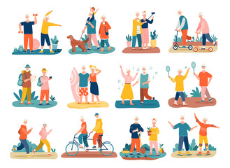 Active seniors concept with colorful icons of elderly people and couples exercising, jogging, hiking, cycling, walking the dog, dancing and playing tennis, vector illustrations - obrazy, fototapety, plakaty