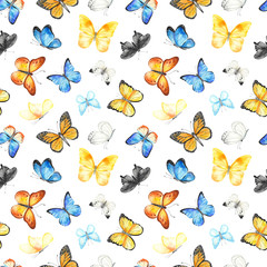 Watercolor seamless pattern with multicolored butterflies on a white background. © MarinaErmakova