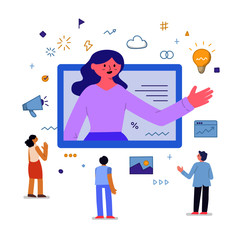 Vector Illustration Technology Concept Business Woman in Corporate Video Conference Big Screen Virtual Meeting with Idea and Communication Icons in Flat Style
