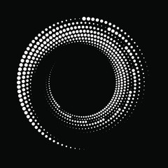 White different halftone dots in circle form. Geometric art. Trendy design element for border frame, logo, tattoo, sign, symbol, web pages, prints, posters, template, pattern and abstract background 