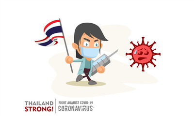 Person holding nation flag and vaccine syringe fighting coronavirus pandemic or coronavirus outbreake 2019 COVID-19. Vector illustration against corona covid-19 virus. Scalable and editable vector.